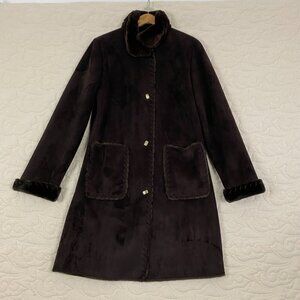 Dana Buchman Fur Lined Pea Coat Size Medium Chocolate Brown Faux Suede